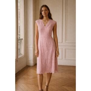 J. Peterman Women's Allover Pink Lace Midi Dress V Neck Vintage Inspired 4